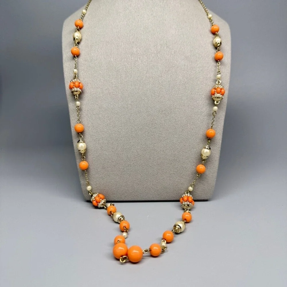 Banana Republic Orange Bead and Faux Pearl Station Necklace 34